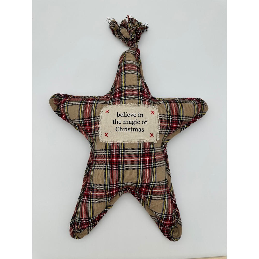 Mud Pie Plaid Star Christmas Decor Believe Magic of Christmas Tan Red OS